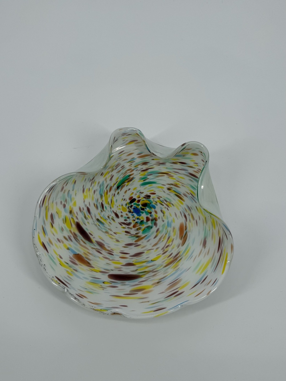 Vintage Murano Italy Tutti Frutti Art Glass Clam Shape Candy Dish Multi White